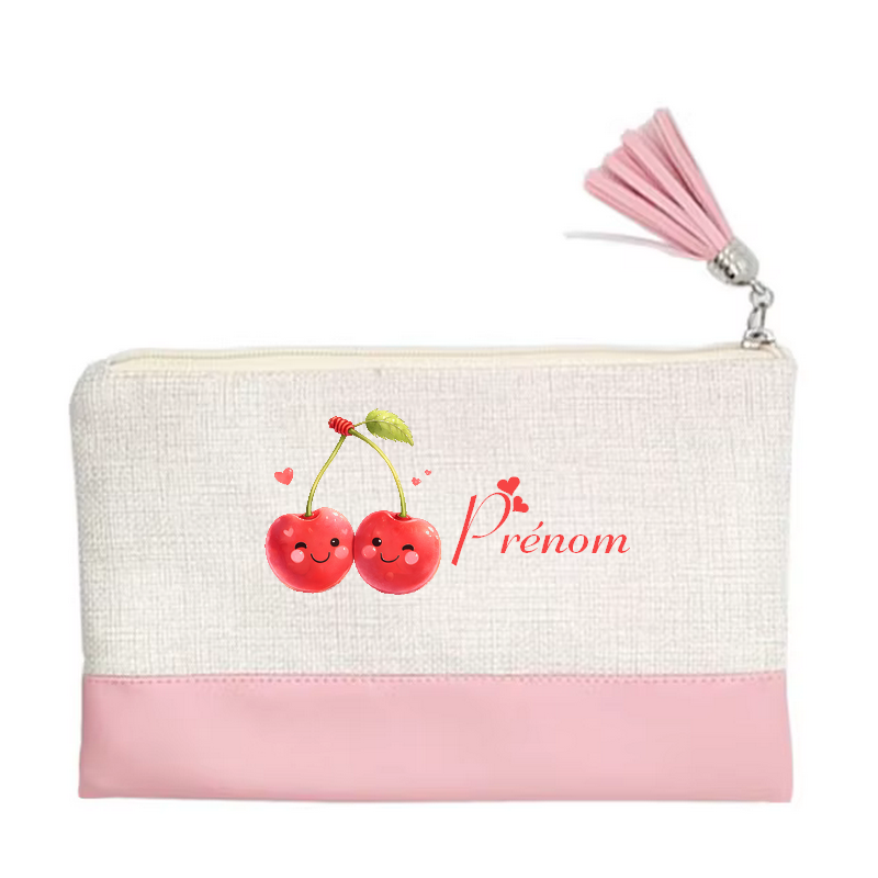 Pochette personnalisée motif cerise love en toile et simili cuir personnalisée