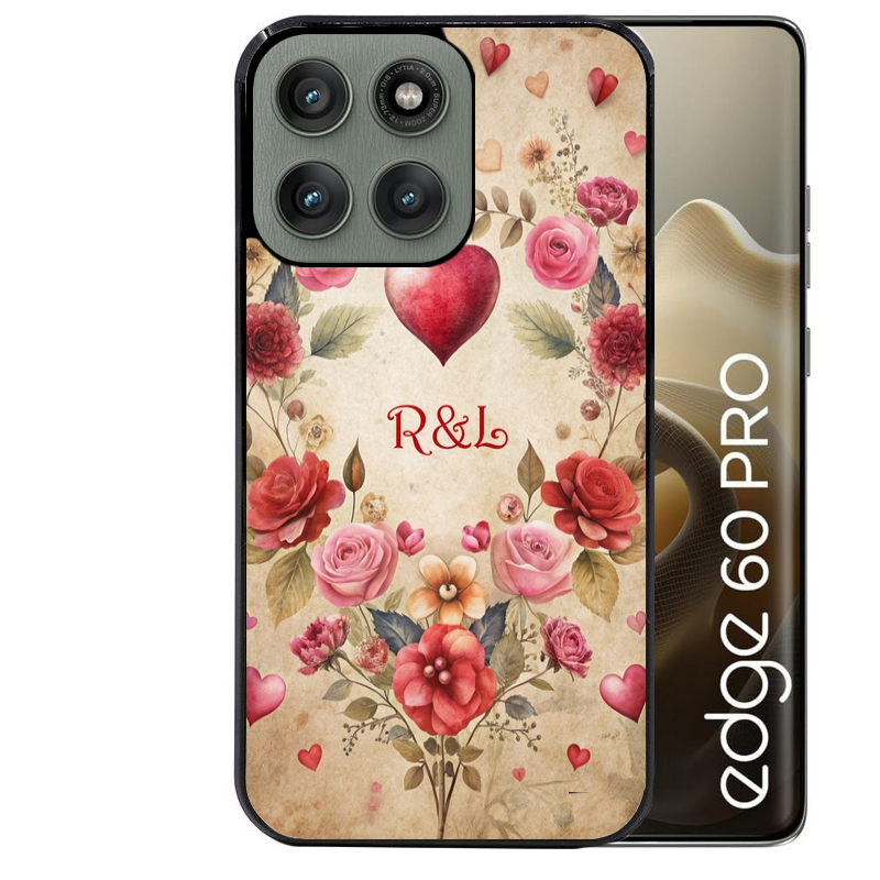 Coque noire taperso pour Moto Edge 60 et Neo Fusion Pro avec motif coeur vintage et initiales personnalisee protection antichoc personnalisée