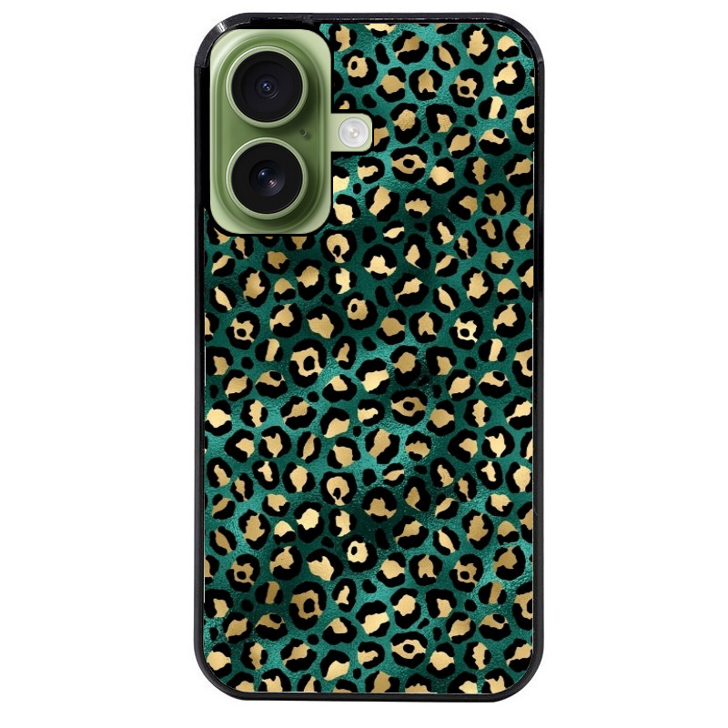 Coque noire taperso pour Iphone 16 16E PLUS MAX PRO avec motif leopard vert protection antichoc personnalisée