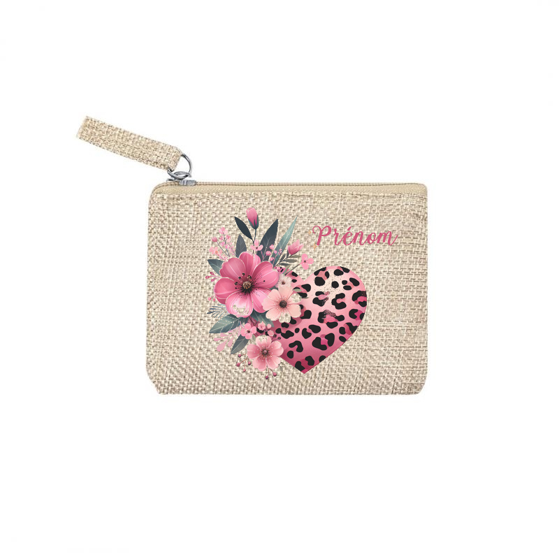 Pochette personnalisée motif cœur leopard en toile et simili cuir personnalisée