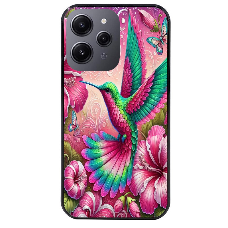Coque noire taperso pour Redmi 12 4G et 5G avec motif colibri et fleurs protection antichoc personnalisée