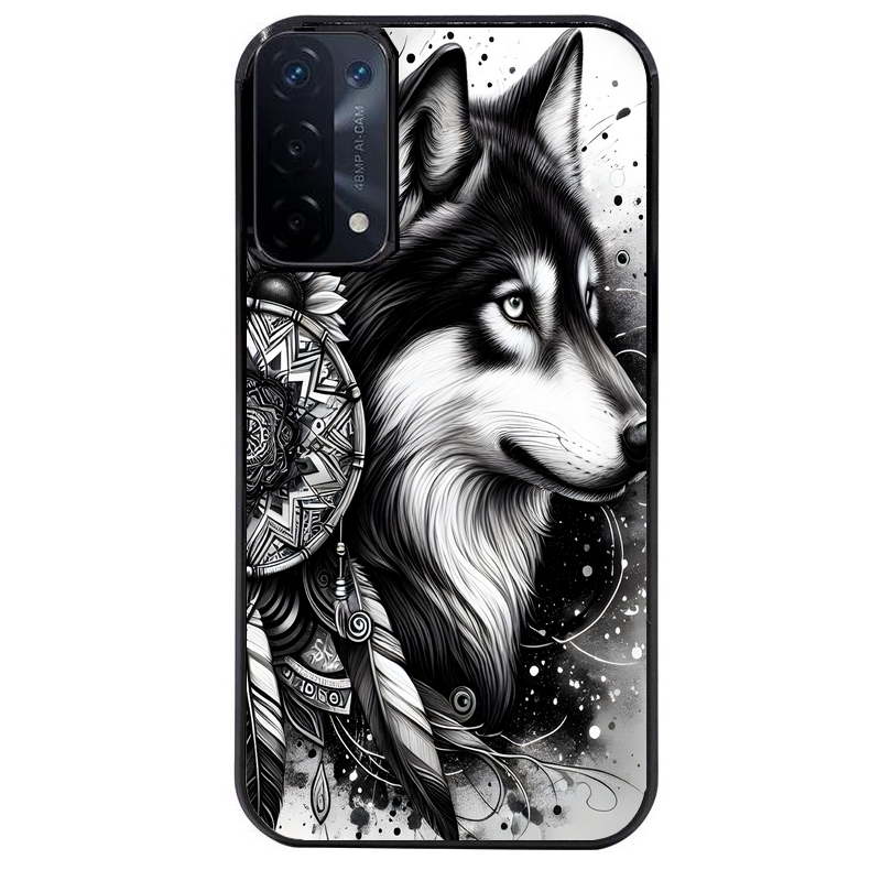 Coque noire taperso pour OPPO A54 et A74 5G avec motif loup dreamcatcher protection antichoc personnalisée