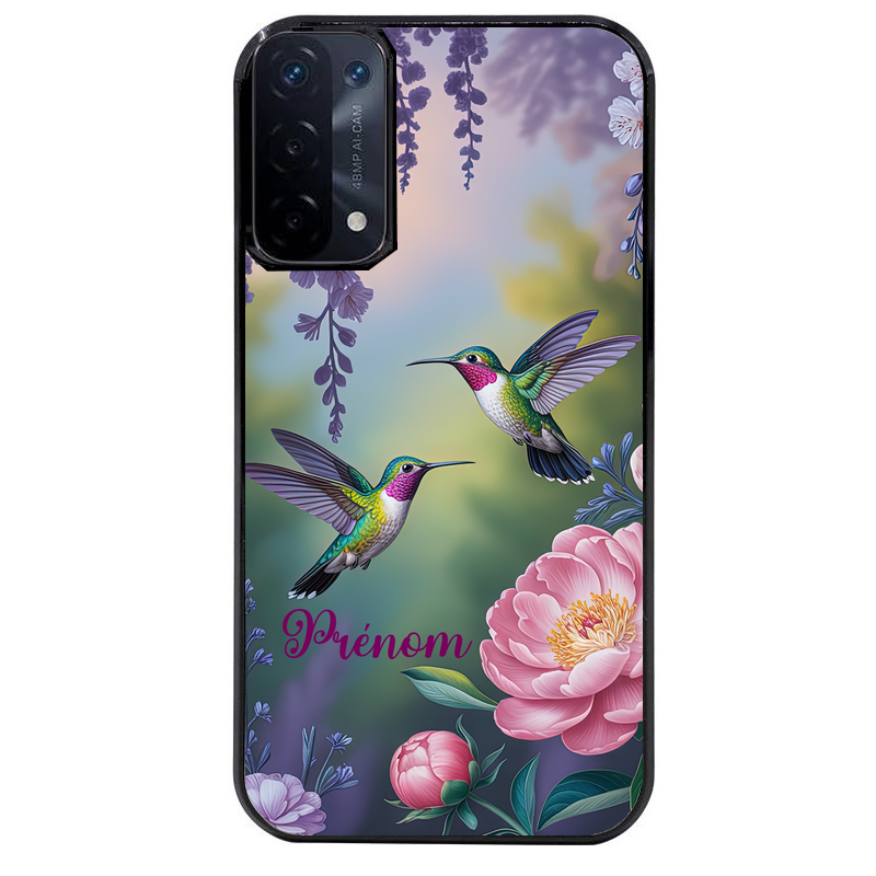 Coque noire taperso pour OPPO A54 et A74 5G avec motif colibri couple personnalise protection antichoc personnalisée