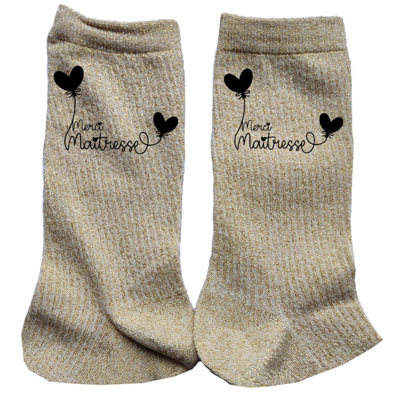 Chaussettes paillettes doré motif maitresse merci