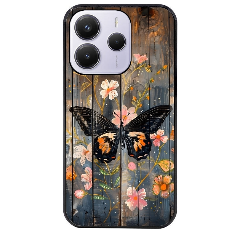 Coque noire taperso pour Redmi Note 14 et PRO PLUS 4G 5G avec motif bois et papillon 2 protection antichoc personnalisée