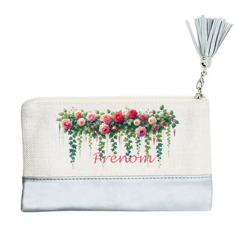 Pochette personnalisée motif fleur jardin en toile et simili cuir personnalisée