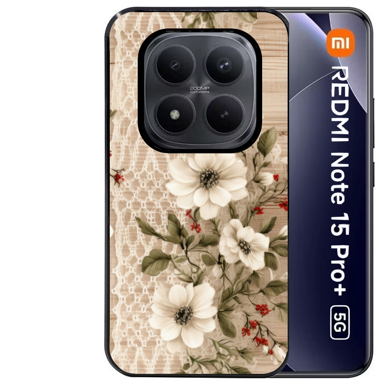 Coque noire taperso pour Redmi Note 15 et PRO PLUS 4G 5G avec motif bois et dentelle 2 protection antichoc personnalisée