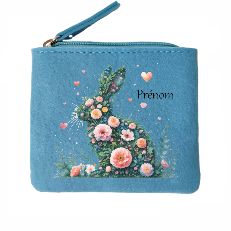 Porte monnaie personnalisé lapin fleurs en feutrine en feutrine