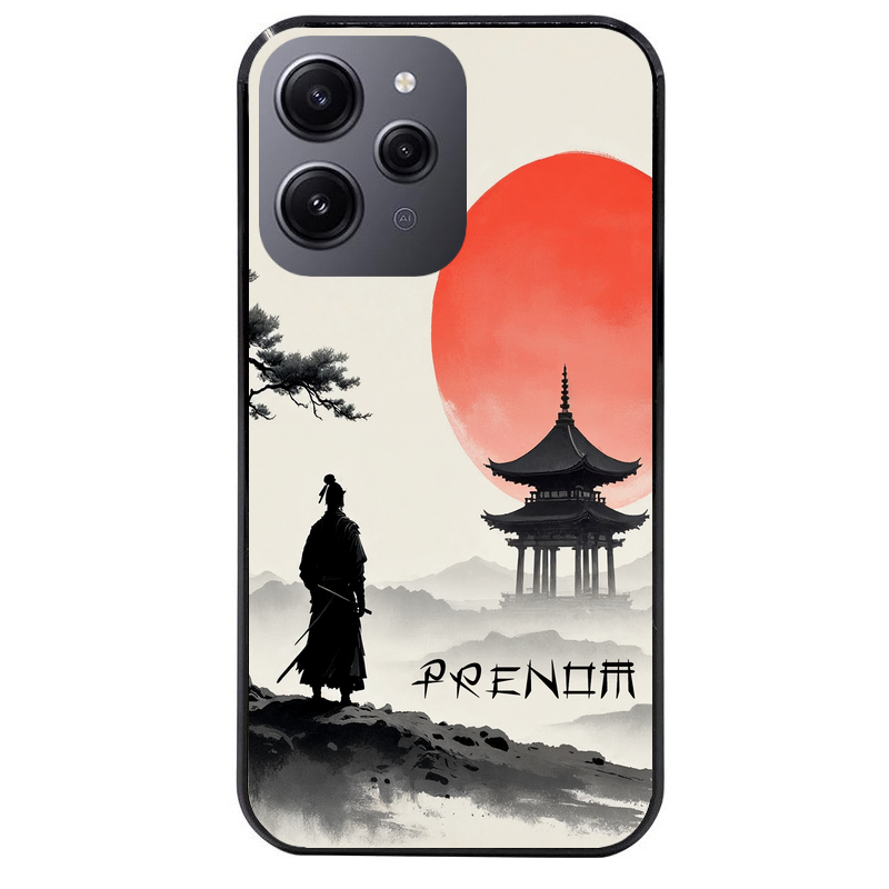 Coque noire taperso pour Redmi 12 4G et 5G avec motif samourai et temple personnalisee protection antichoc personnalisée