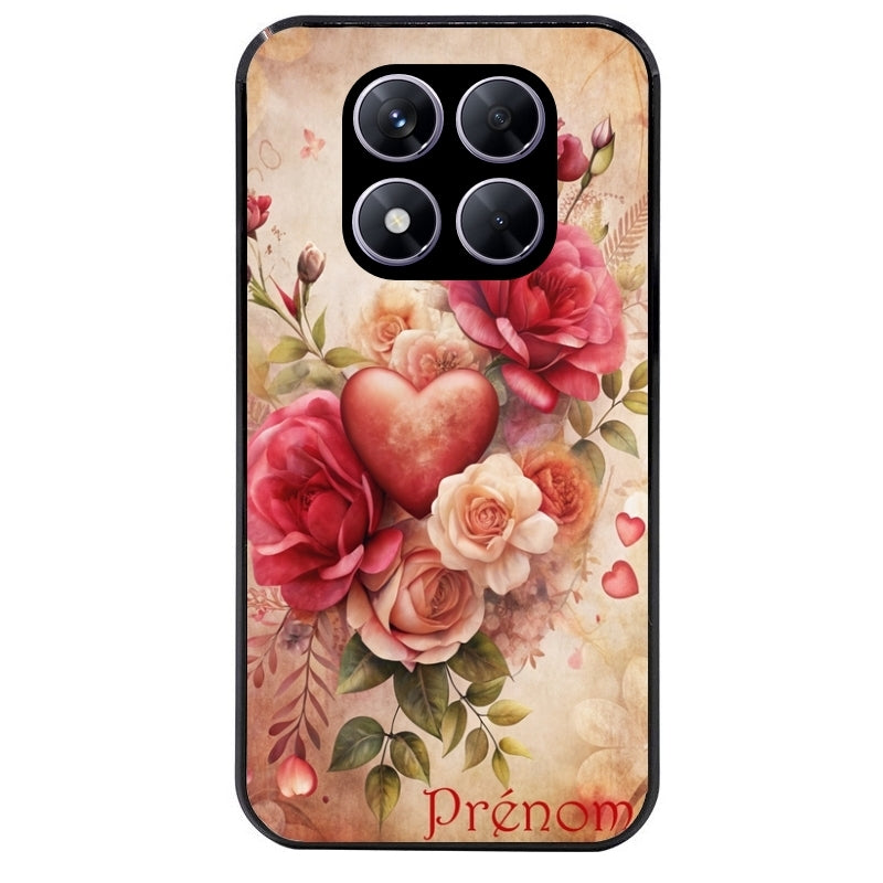 Coque noire taperso pour Redmi Note 14 et PRO PLUS 4G 5G avec motif coeur et fleur personnalisee protection antichoc personnalisée