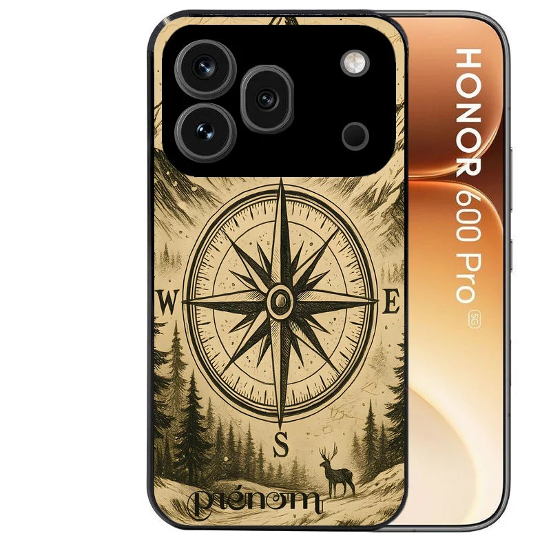 Coque noire taperso pour Honor 600 et 600 PRO avec motif voyage et boussole protection antichoc personnalisée