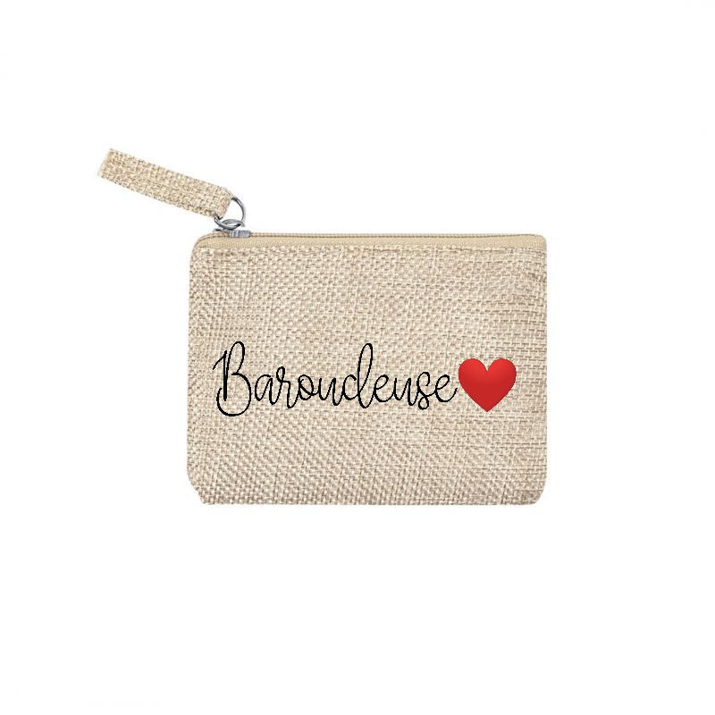 Pochette motif baroudeuse et cœur en toile et simili cuir