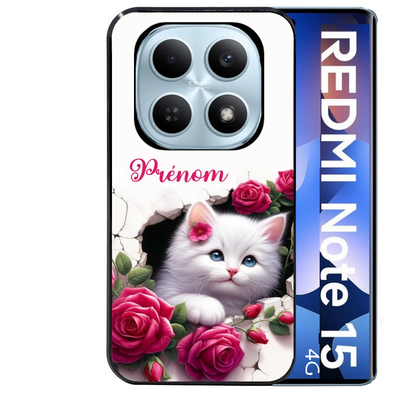 Coque noire taperso pour Redmi Note 15 et PRO PLUS 4G 5G avec motif chat fleurs personnalisee protection antichoc personnalisée