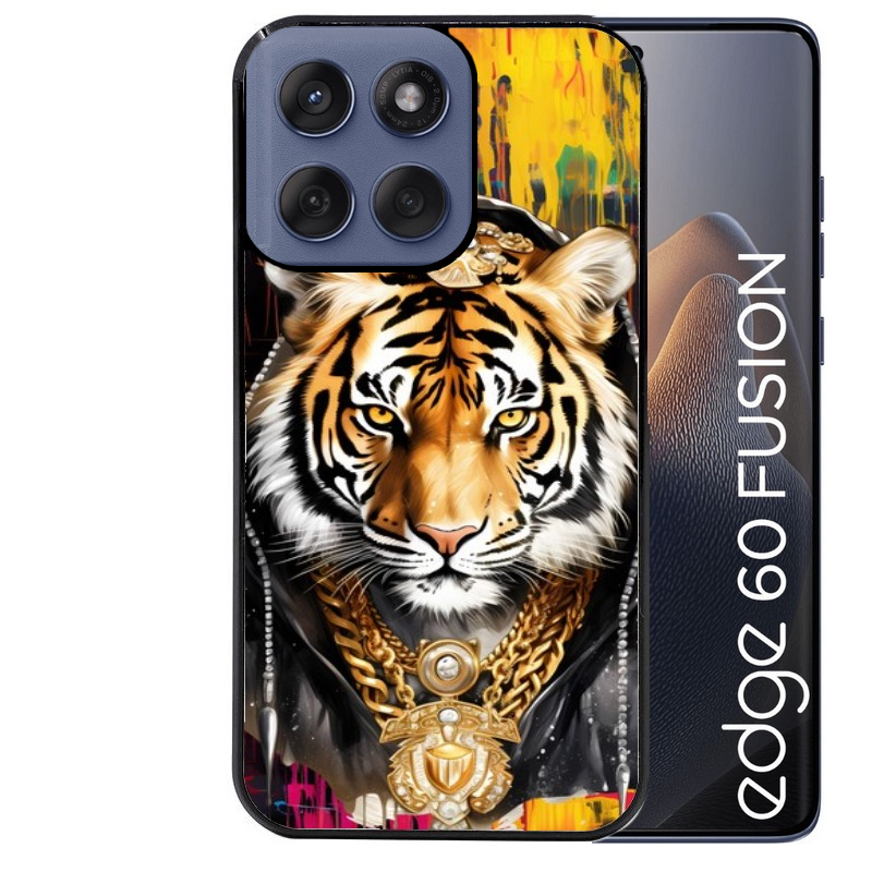 Coque noire taperso pour Moto Edge 60 et Neo Fusion Pro avec motif tigre style hip hop protection antichoc personnalisée