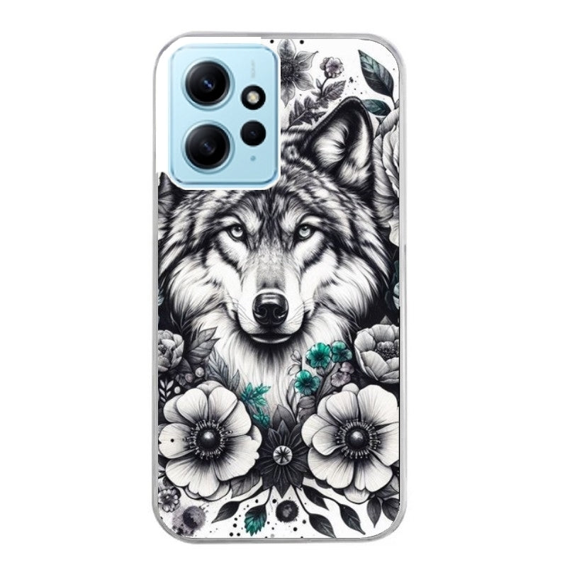 Coque taperso pour Redmi Note 12 4G 5G PRO 4G avec motif loup et fleur protection antichoc personnalisée