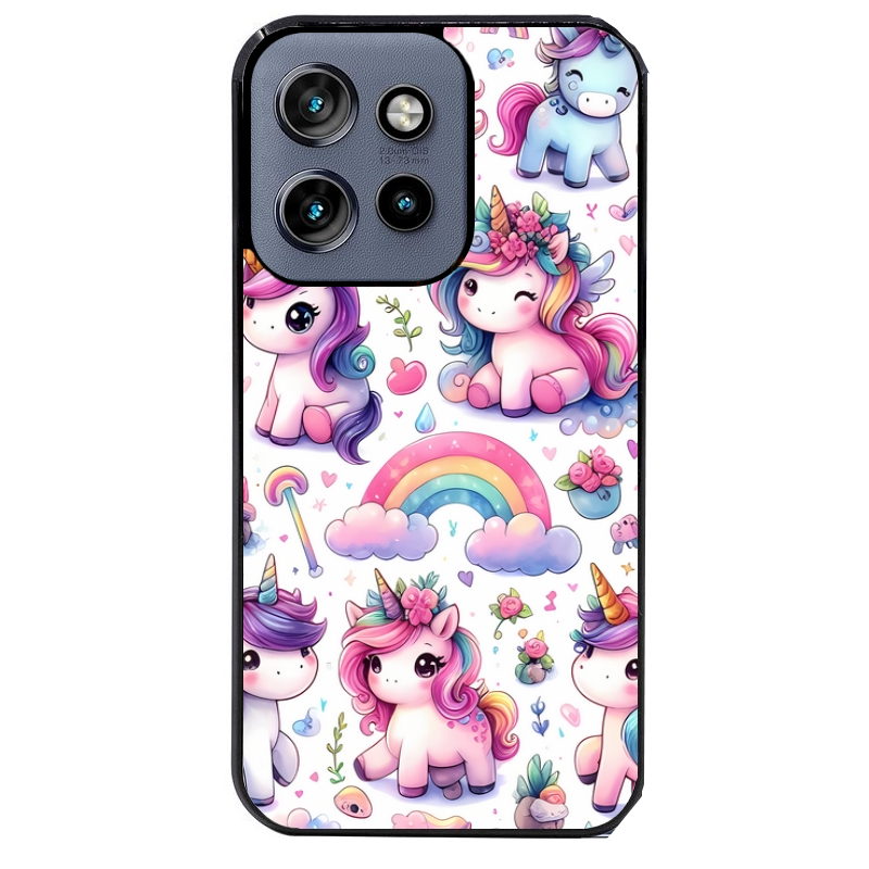 Coque noire taperso pour Moto Edge 60 et Neo Fusion Pro avec motif licorne arc en ciel protection antichoc personnalisée