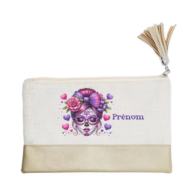 Pochette personnalisée motif tete de mort cœur en toile et simili cuir personnalisée