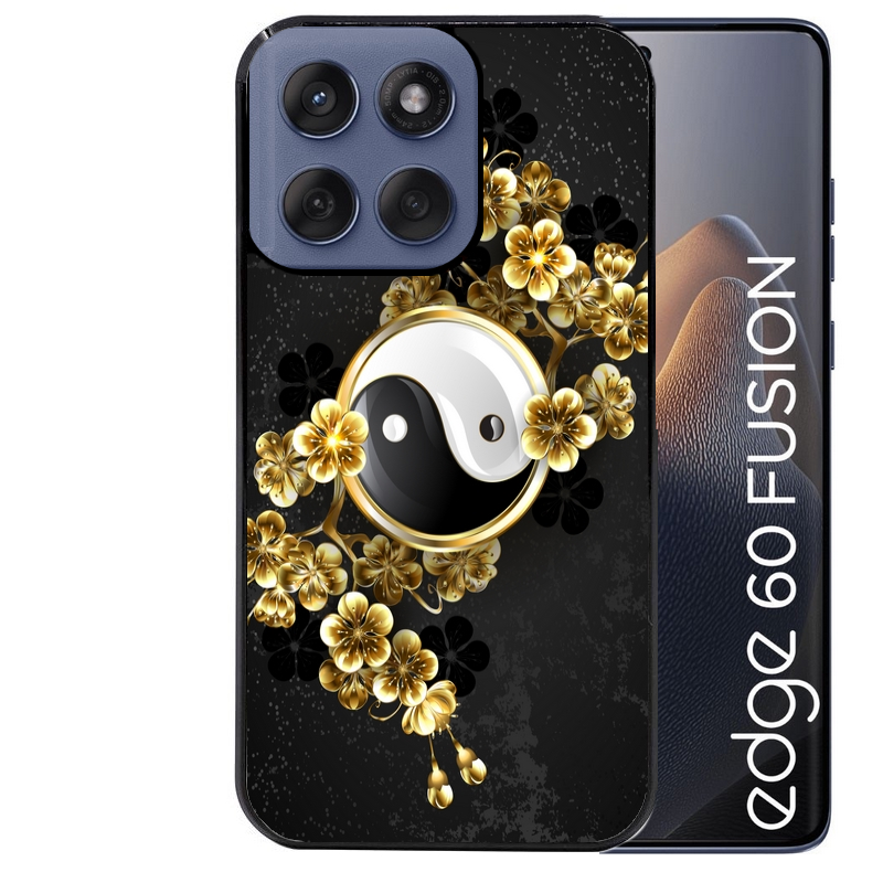 Coque noire taperso pour Moto Edge 60 et Neo Fusion Pro avec motif yin yang et fleur protection antichoc personnalisée
