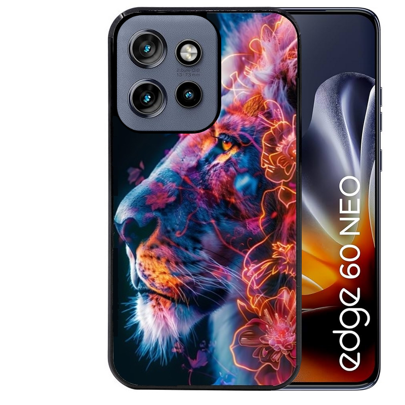 Coque noire taperso pour Moto Edge 60 et Neo Fusion Pro avec motif lion fluo protection antichoc personnalisée