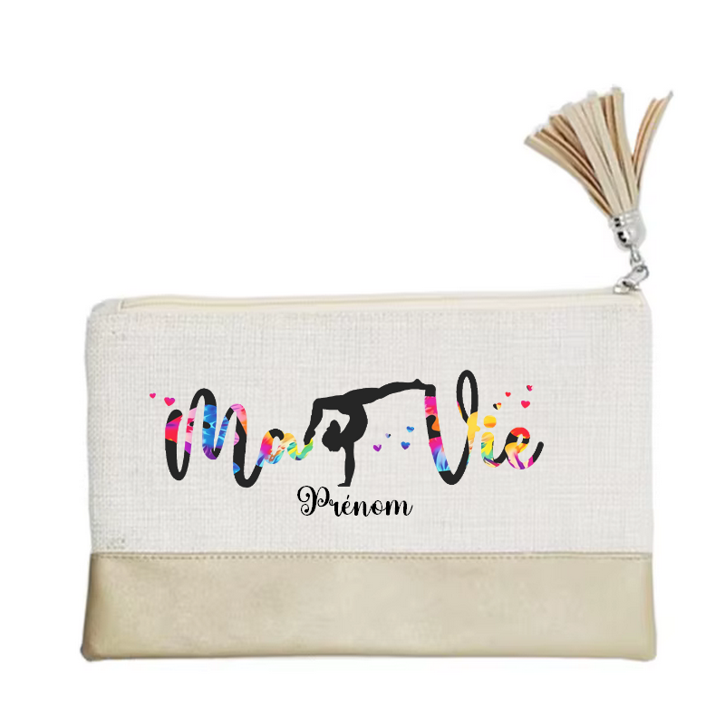 Pochette personnalisée de maquillage maniques Taperso argent avec motif gym ma vie en toile et simili cuir personnalisée