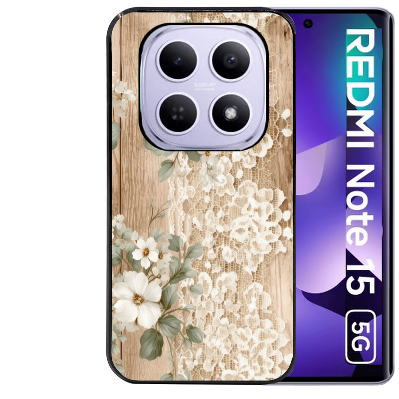 Coque noire taperso pour Redmi Note 15 et PRO PLUS 4G 5G avec motif bois et dentelle 1 protection antichoc personnalisée
