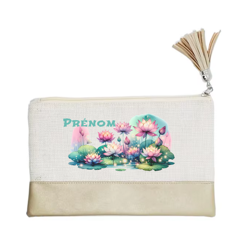 Pochette personnalisée motif fleur lotus en toile et simili cuir personnalisée