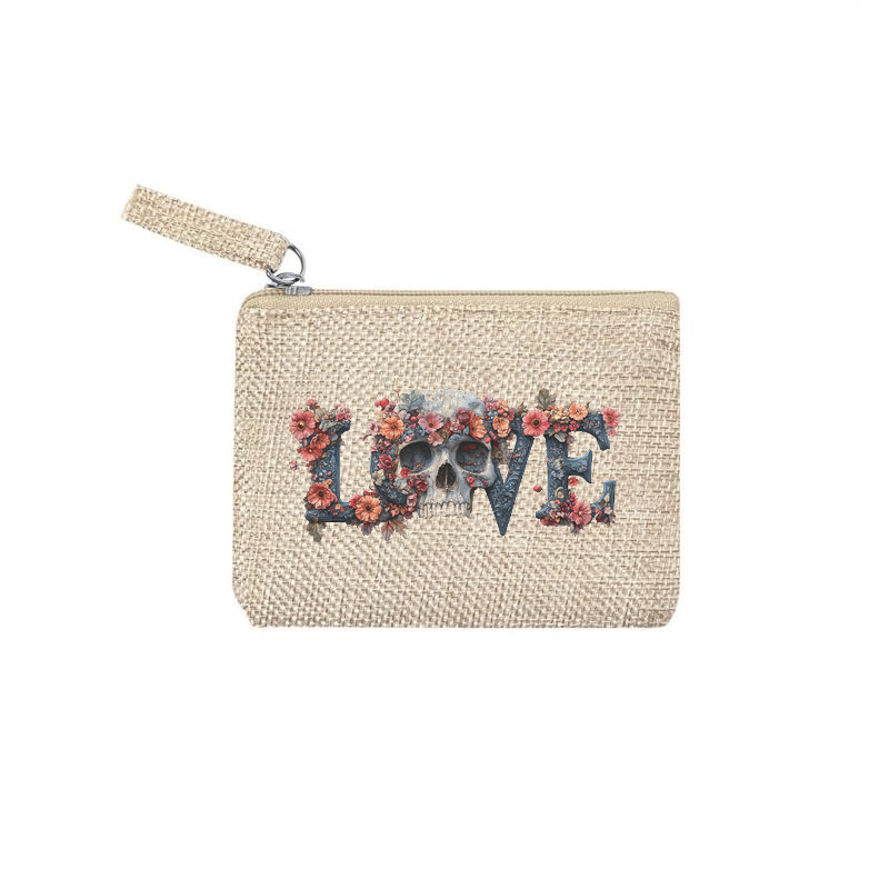 Pochette personnalisée motif tete de mort love en toile et simili cuir personnalisée
