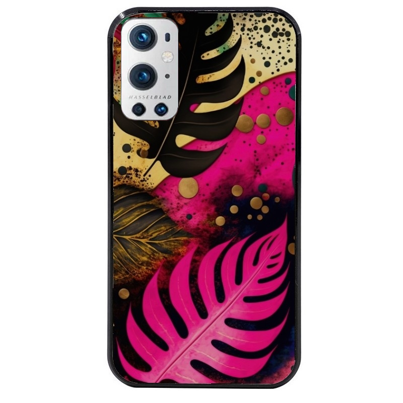 Coque noire taperso pour OnePlus 9 et 9 PRO avec motif tropical rose et des fleurs protection antichoc personnalisée