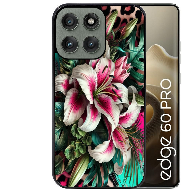 Coque noire taperso pour Moto Edge 60 et Neo Fusion Pro avec motif leopard hibiscus protection antichoc personnalisée