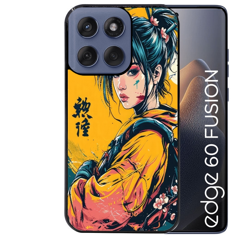 Coque noire taperso pour Moto Edge 60 et Neo Fusion Pro avec motif samourai girl anime protection antichoc personnalisée