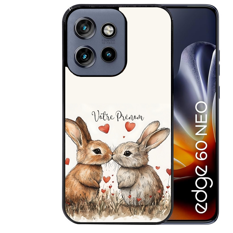 Coque noire taperso pour Moto Edge 60 et Neo Fusion Pro avec motif lapin coeur avec prenom protection antichoc personnalisée