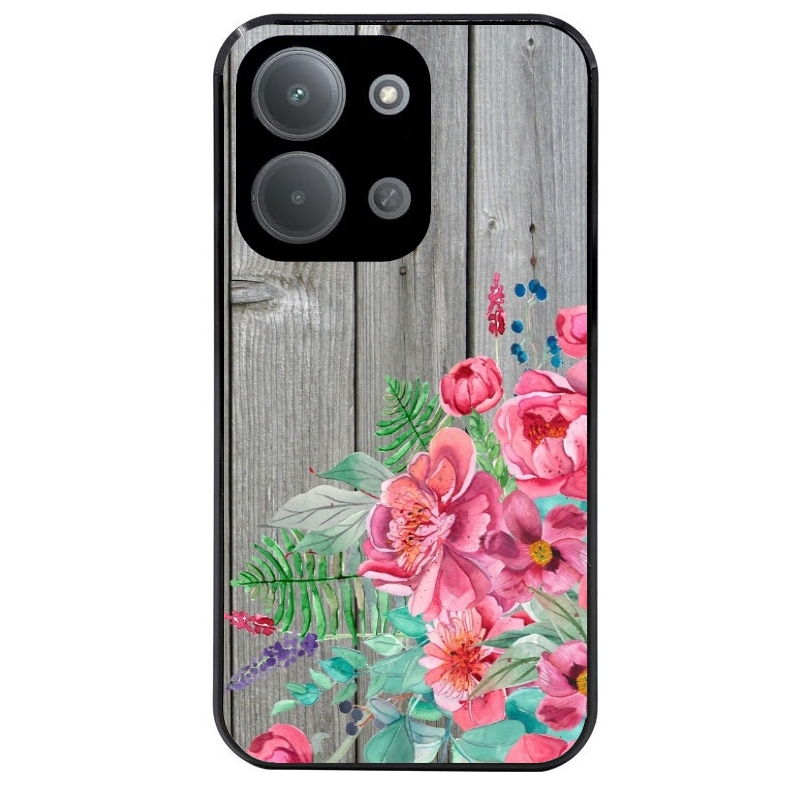Coque noire taperso pour POCO C85 avec motif bois gris et fleur rose protection antichoc personnalisée