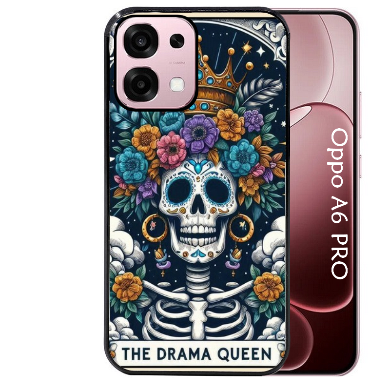 Coque noire taperso pour OPPO A6 PRO 4G et 5G avec motif tete de mort drama queen protection antichoc personnalisée
