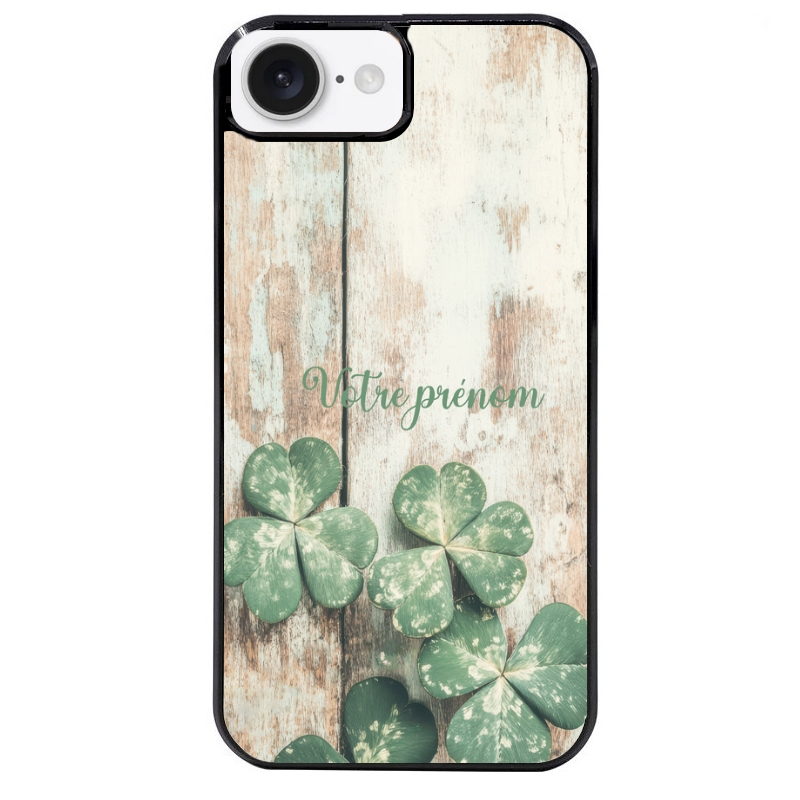 Coque noire taperso pour Iphone 17 17E AIR MAX PRO avec motif bois et trefle personnalisee protection antichoc personnalisée