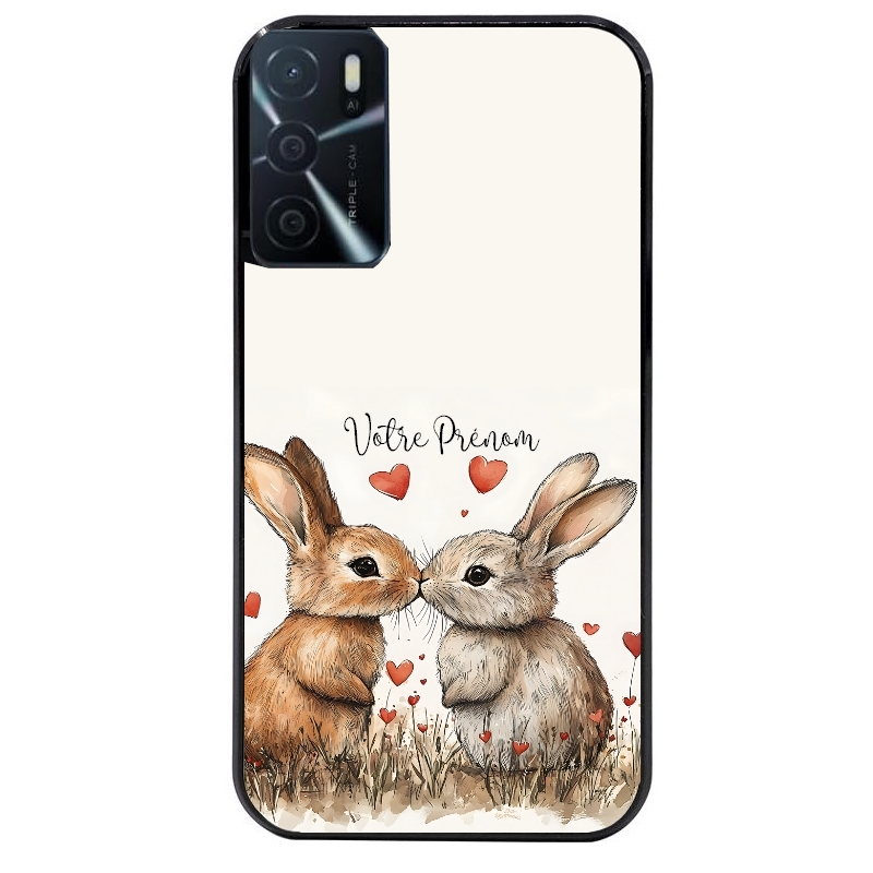 Coque noire taperso pour OPPO A16 et A16S avec motif lapin coeur avec prenom protection antichoc personnalisée