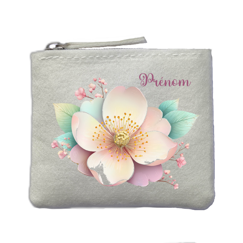 Porte monnaie personnalisé fleur pastel ivoire en feutrine en feutrine ivoire