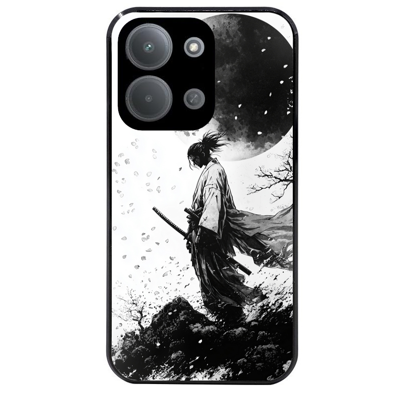 Coque noire taperso pour POCO C85 avec motif samourai et lune protection antichoc personnalisée