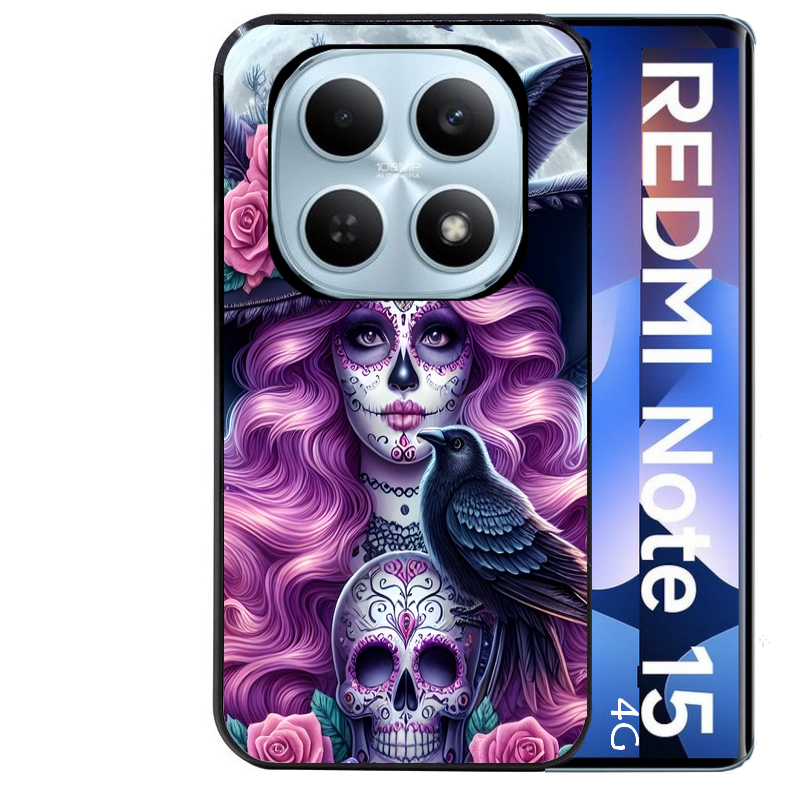 Coque noire taperso pour Redmi Note 15 et PRO PLUS 4G 5G avec motif tete de mort calavera et corbeau protection antichoc personnalisée