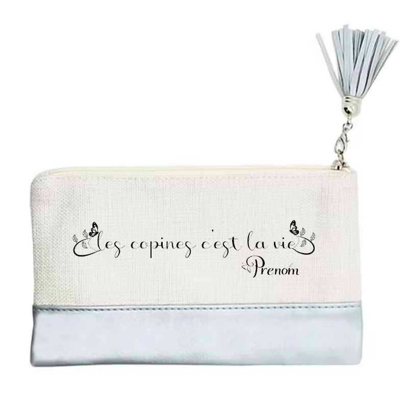 Pochette personnalisée motif copine c'est la vie en toile et simili cuir personnalisée