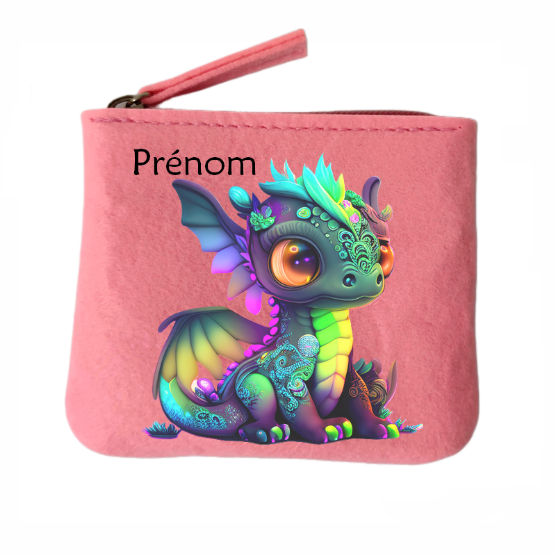 Porte monnaie personnalisé dino fluo en feutrine en feutrine
