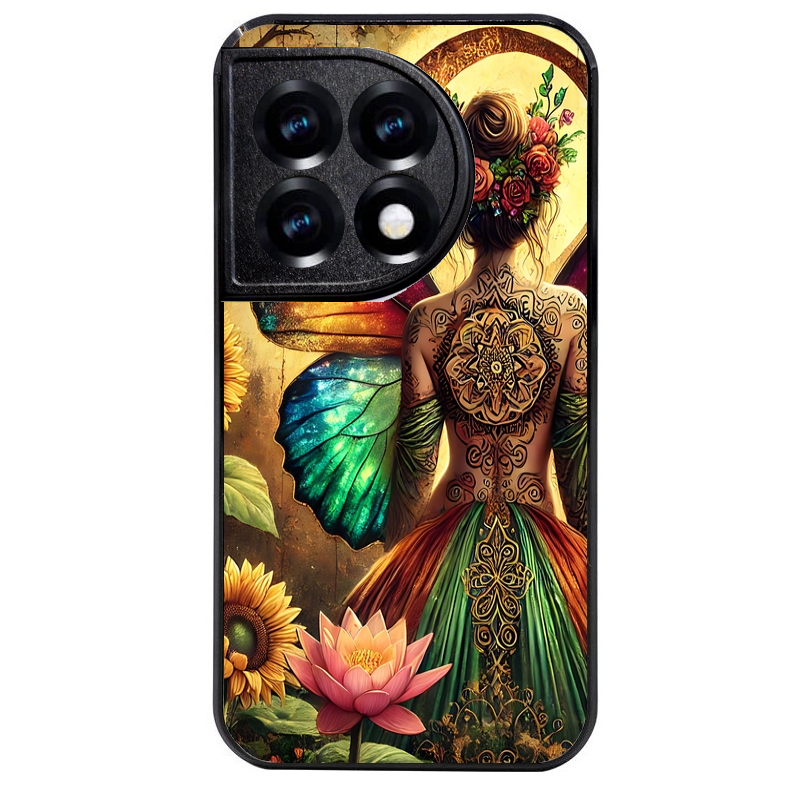 Coque noire taperso pour OnePlus 11 et 12 avec motif fee et fleurs protection antichoc personnalisée
