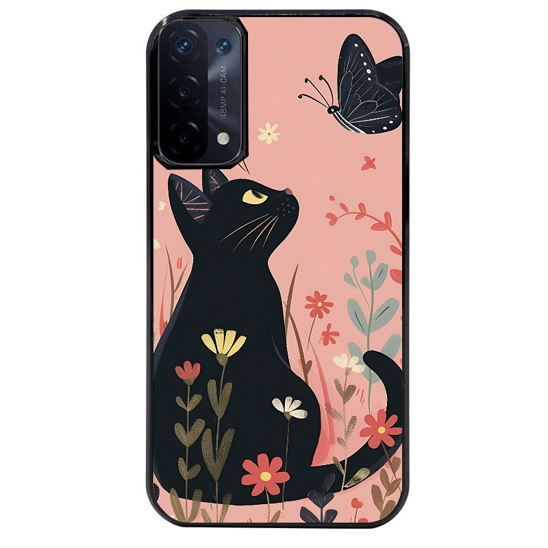 Coque noire taperso pour OPPO A54 et A74 5G avec motif chat papillon 2 protection antichoc personnalisée