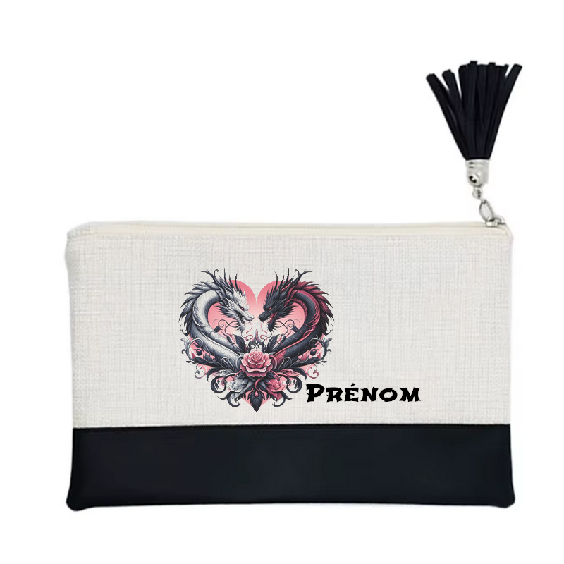 Pochette personnalisée motif dragon love en toile et simili cuir personnalisée