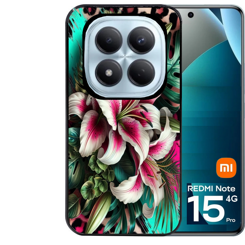 Coque noire taperso pour Redmi Note 15 et PRO PLUS 4G 5G avec motif leopard hibiscus protection antichoc personnalisée