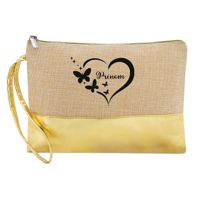 Pochette coeur et papillon personnalisée en jute et doré en jute et doré