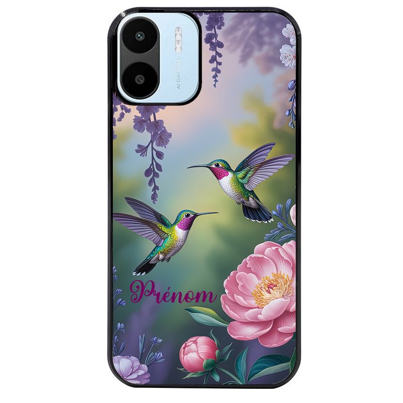 Coque noire taperso pour Redmi A1 et A2 avec motif colibri couple personnalise protection antichoc personnalisée