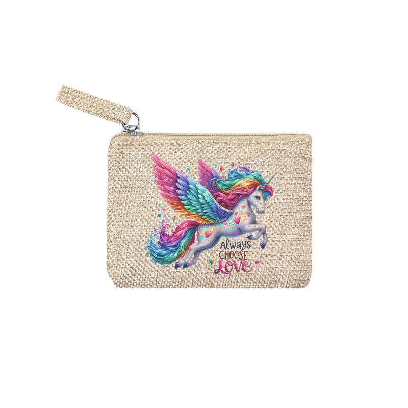 Pochette motif licorne love en toile et simili cuir