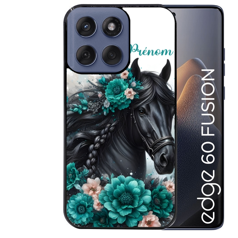 Coque noire taperso pour Moto Edge 60 et Neo Fusion Pro avec motif cheval et fleurs personnalisee protection antichoc personnalisée