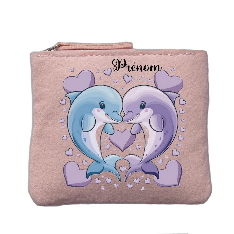 Porte monnaie personnalisé motif dauphin coeur rose clair en feutrine en feutrine