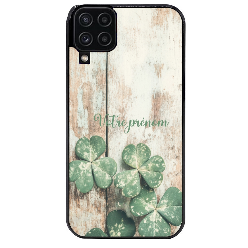 Coque noire taperso pour galaxy A22 A32 A52 A52S 4G 5G  avec motif bois et trefle personnalisee protection antichoc personnalisée